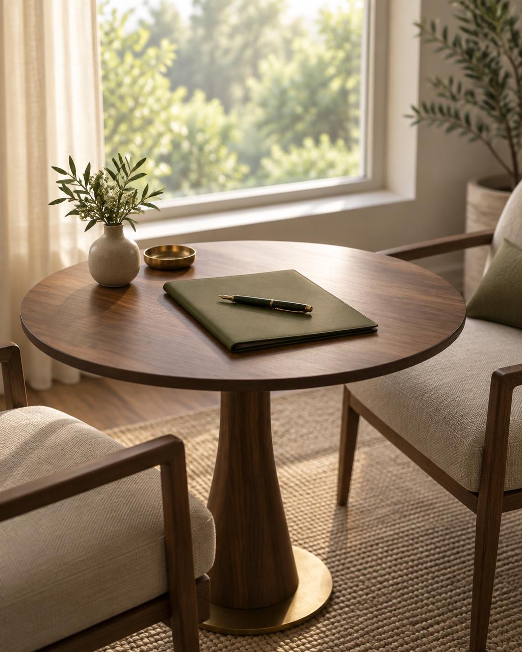 Two chairs facing each other across a round walnut table by a window, a closed olive folder and fountain pen at the center