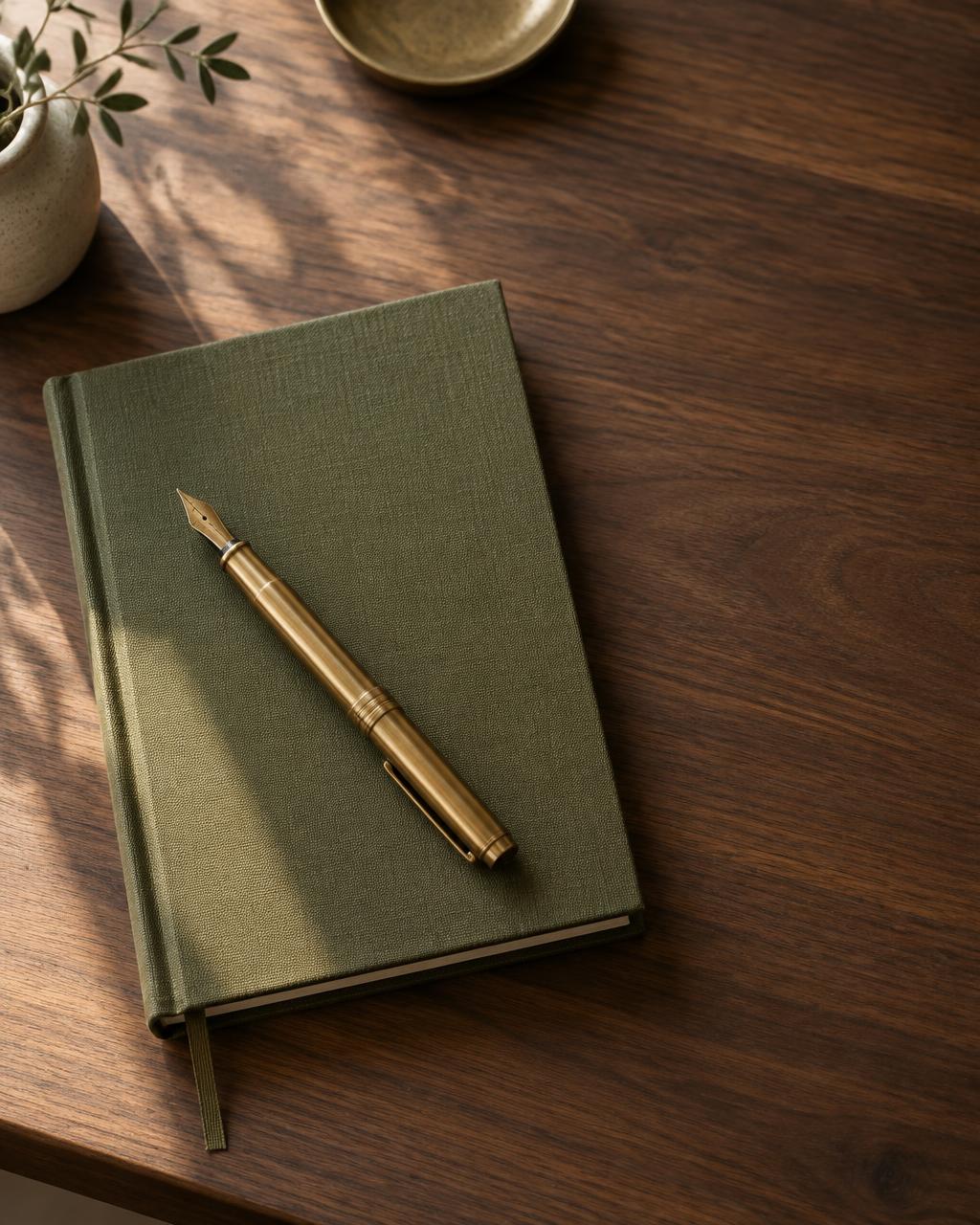 Olive cloth-bound notebook and brass fountain pen on a walnut desk