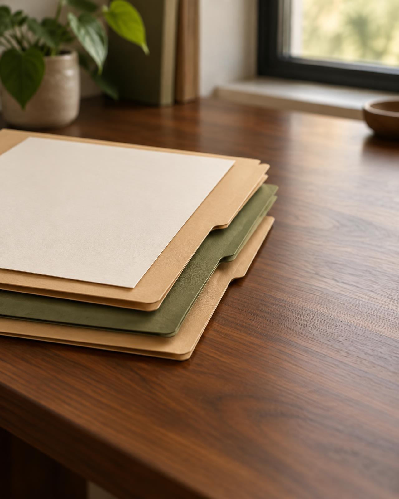 Stack of manila and olive-green file folders with a blank cream sheet on a walnut desk