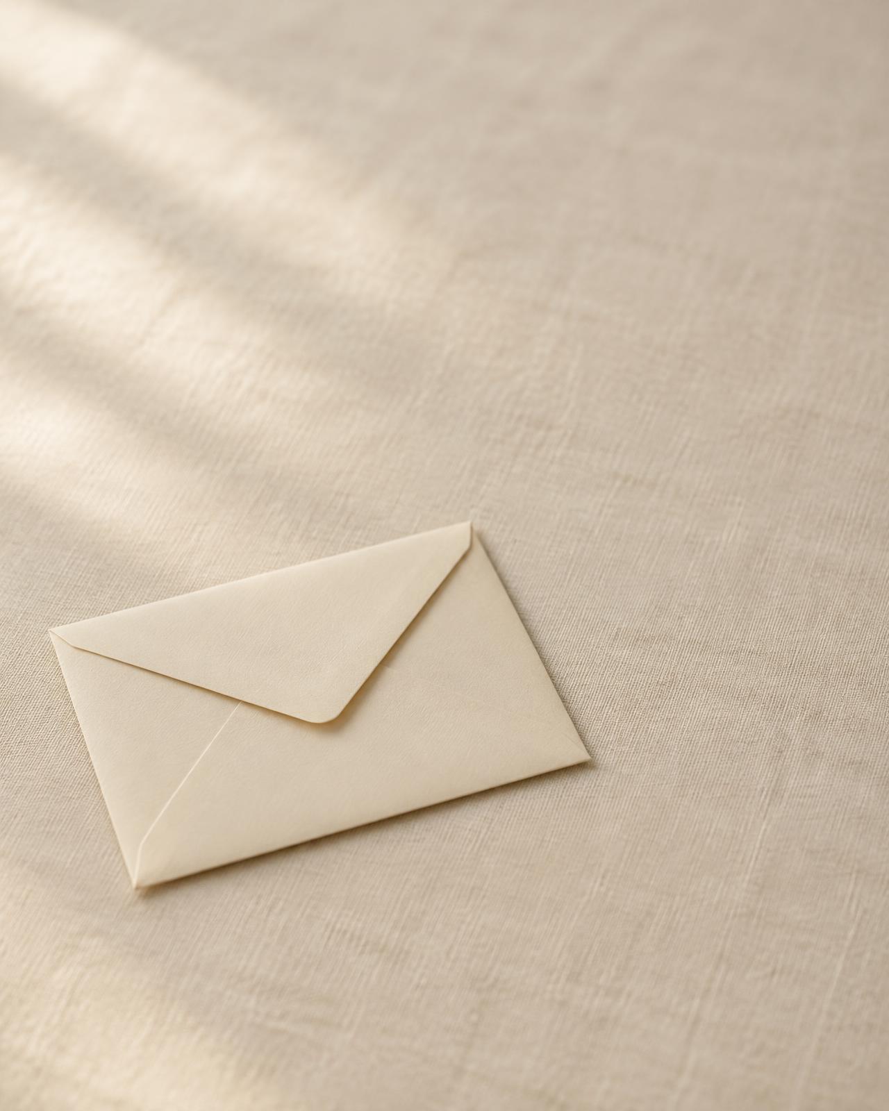 Unopened cream envelope on a warm linen surface